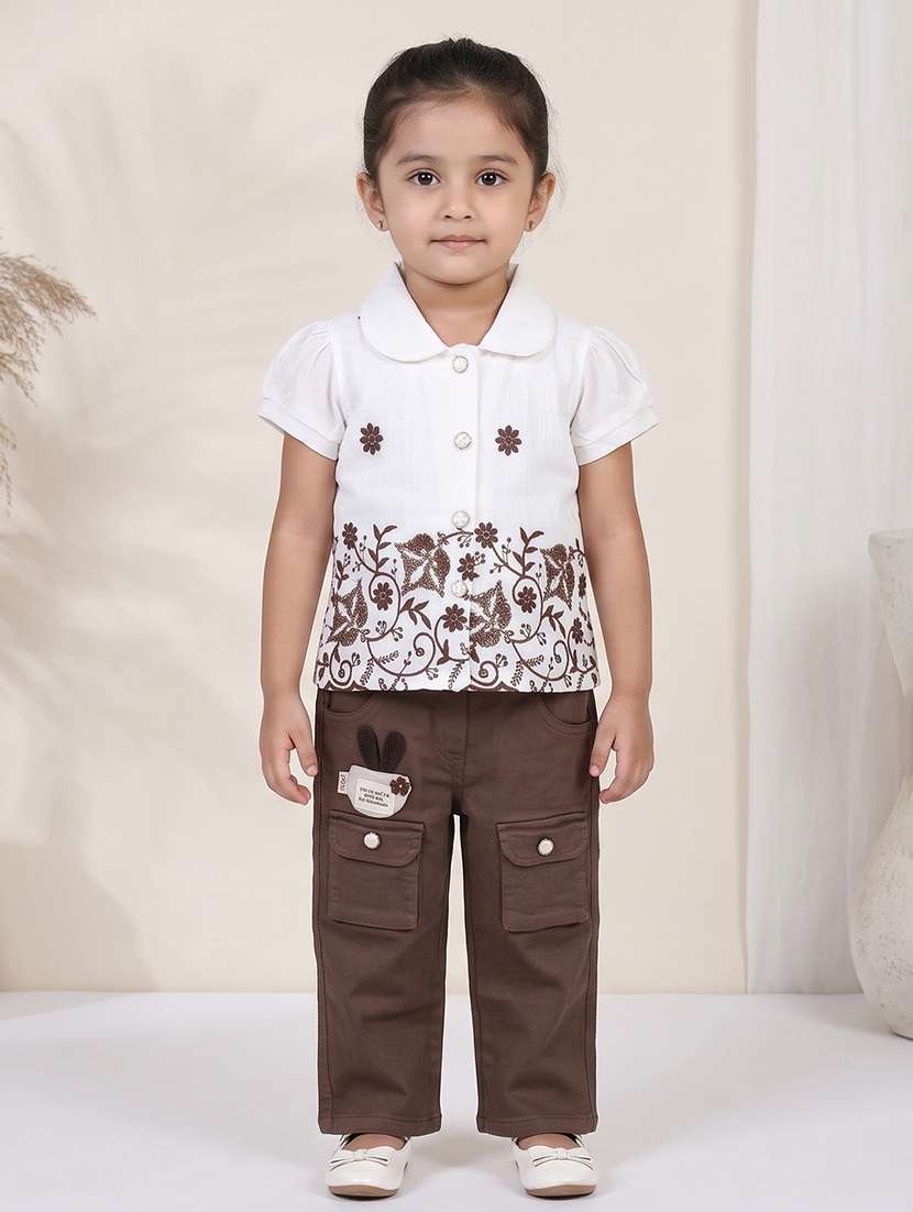 girls embroidered puff sleeves full length set