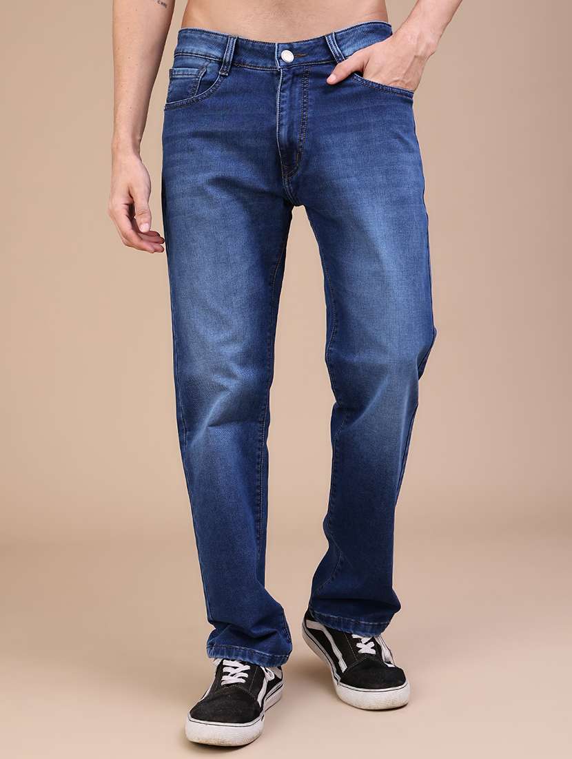 men washed mid rise full length straight jeans