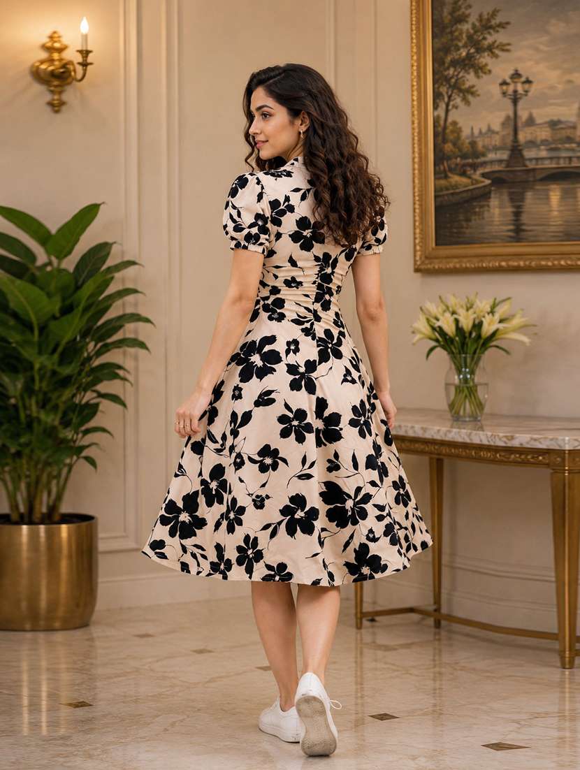 Women Printed Puff Sleeves Fit And Flare Dress - 22639141 -  Standard Image - 3