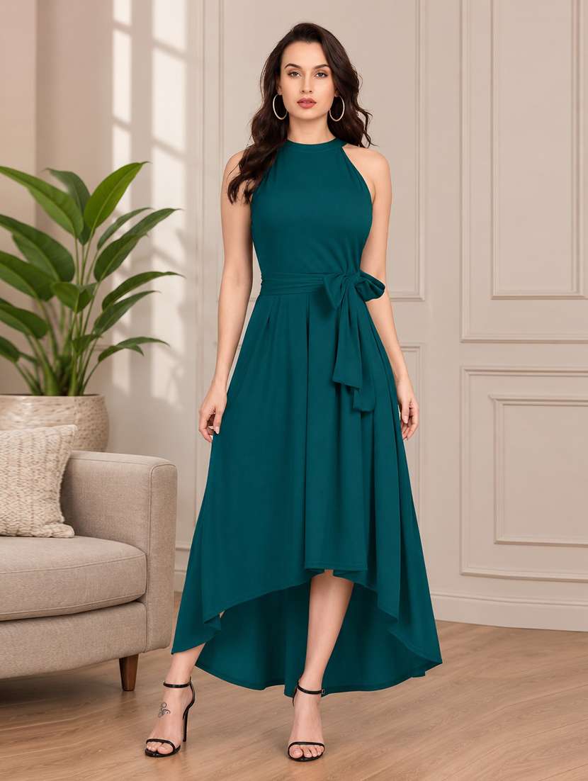 green polyester fit & flare dress