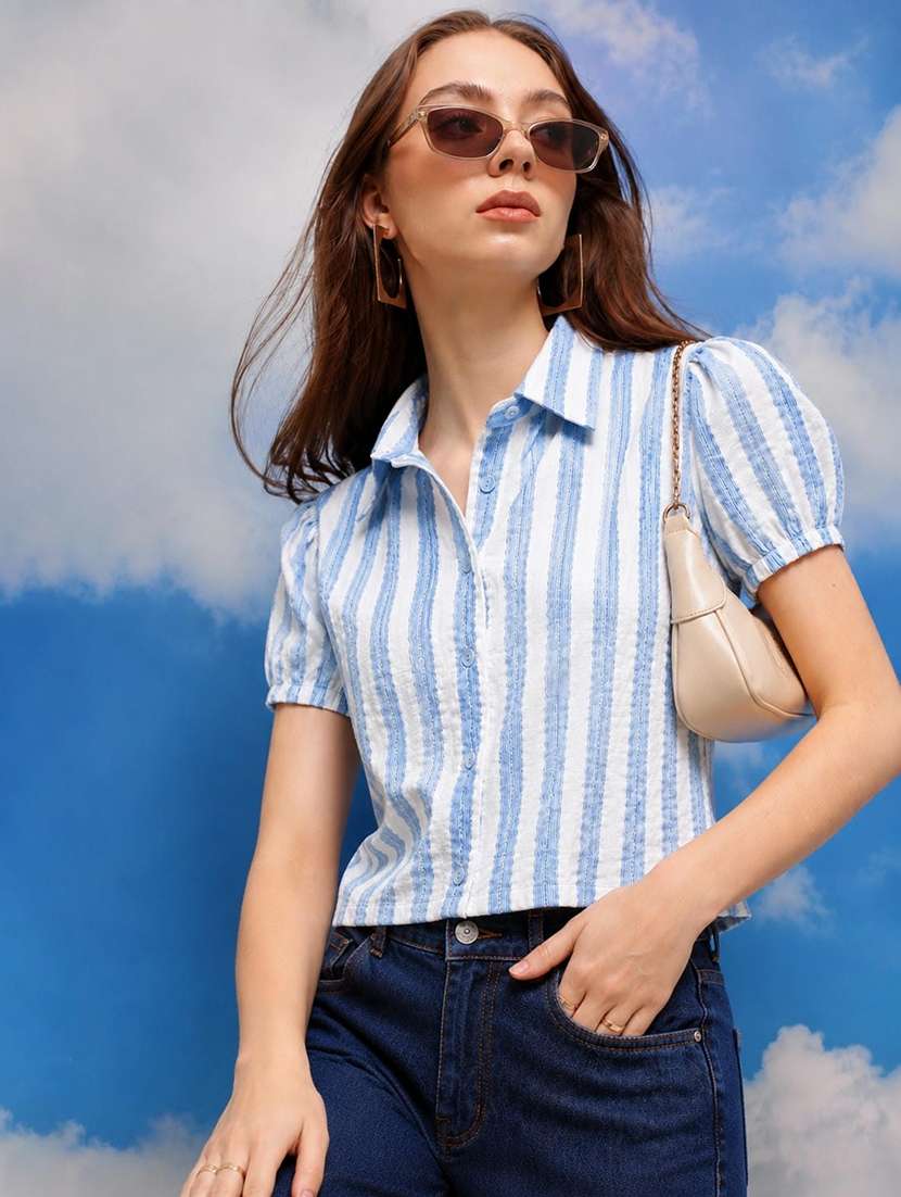 women striped puff sleeves regular fit shirt