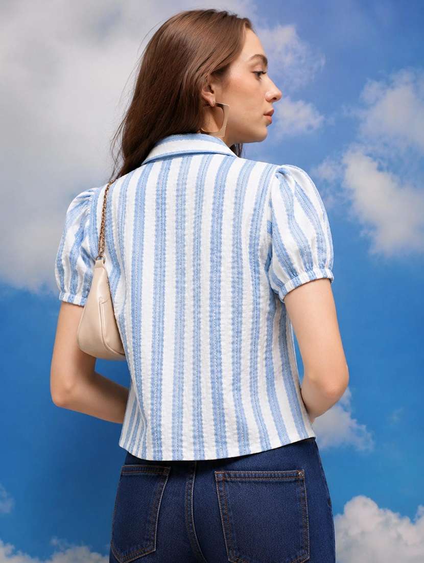 Women Striped Puff Sleeves Regular Fit Shirt - 22639250 -  Standard Image - 3