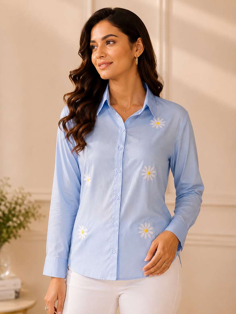 women embroidered long sleeves regular fit shirt