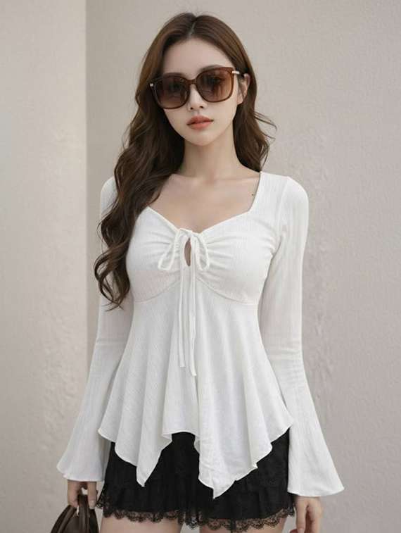 women solid long sleeves asymmetric top