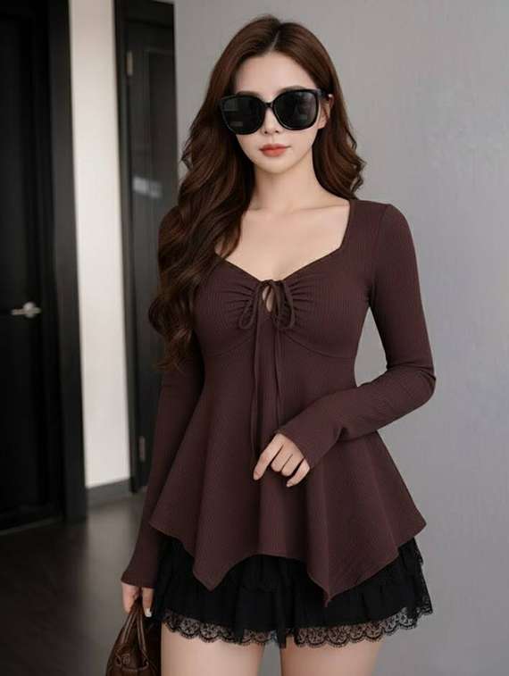women solid long sleeves asymmetric top