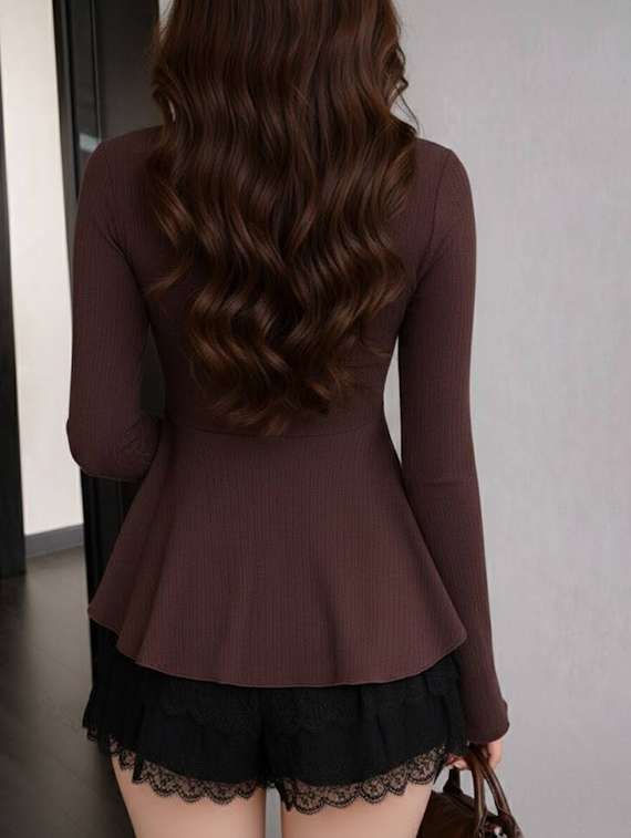 women solid long sleeves asymmetric top - 22639280 -  Standard Image - 3