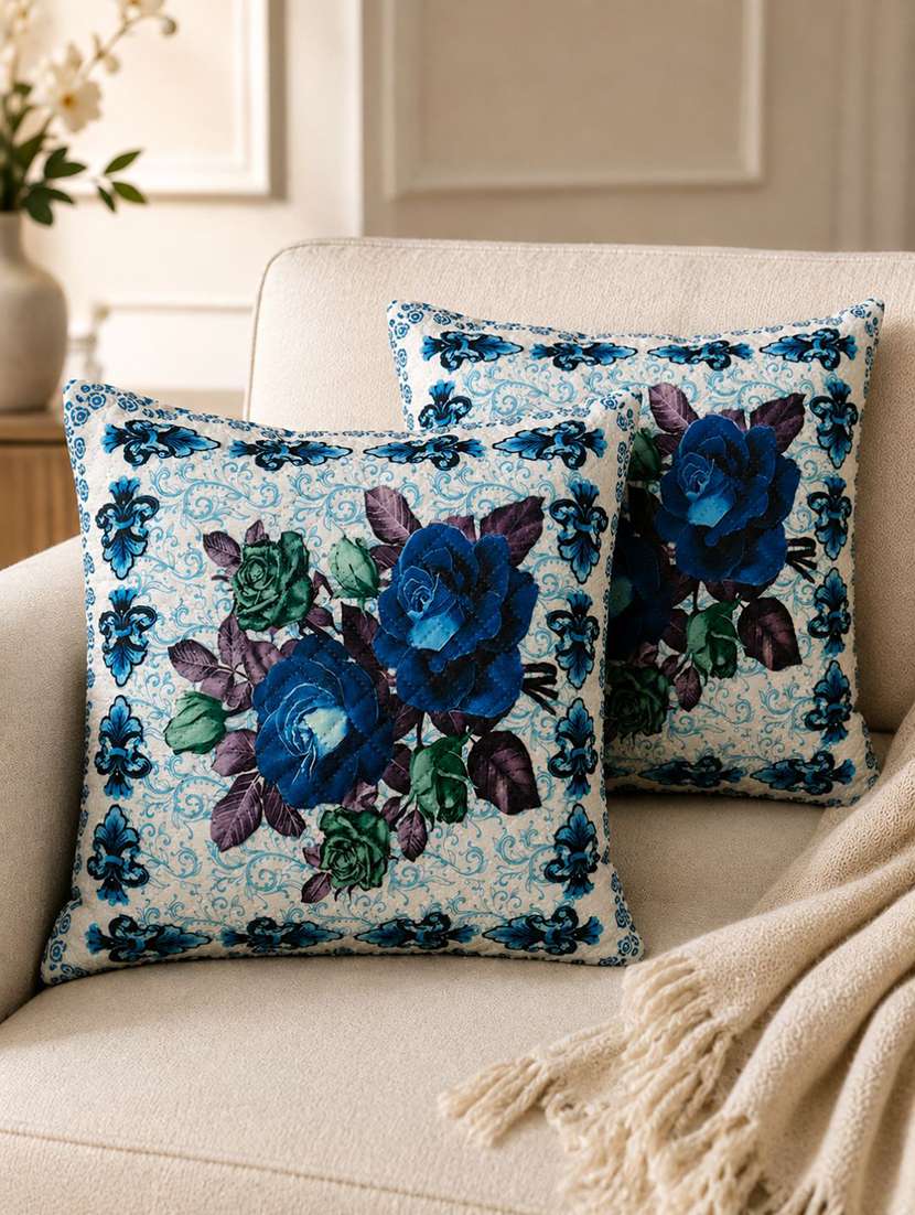 set of 2 blue & green floral printed square cushion covers