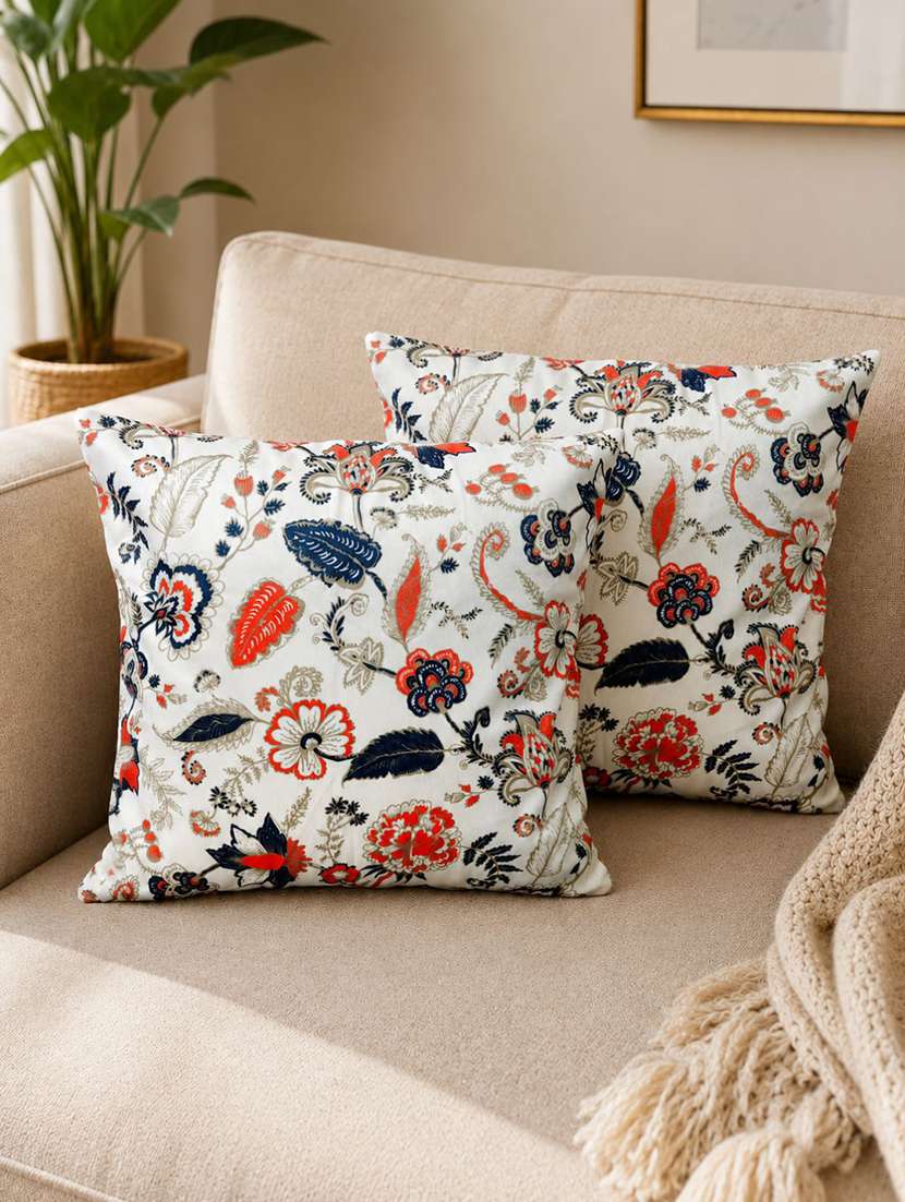 set of 2 ivory multicolour floral printed square cushion covers