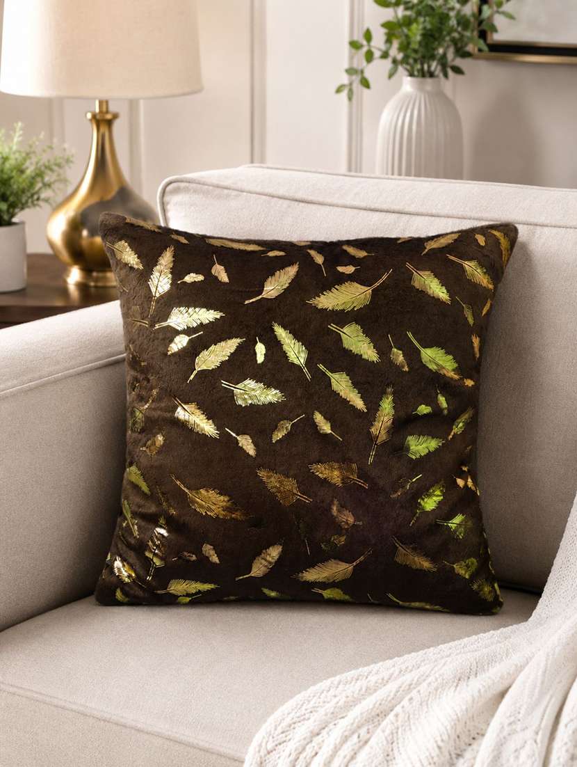 brown & gold-toned feather print square cushion cover