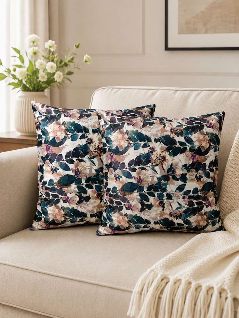 set of 2 teal blue & blush pink floral printed square cushion covers