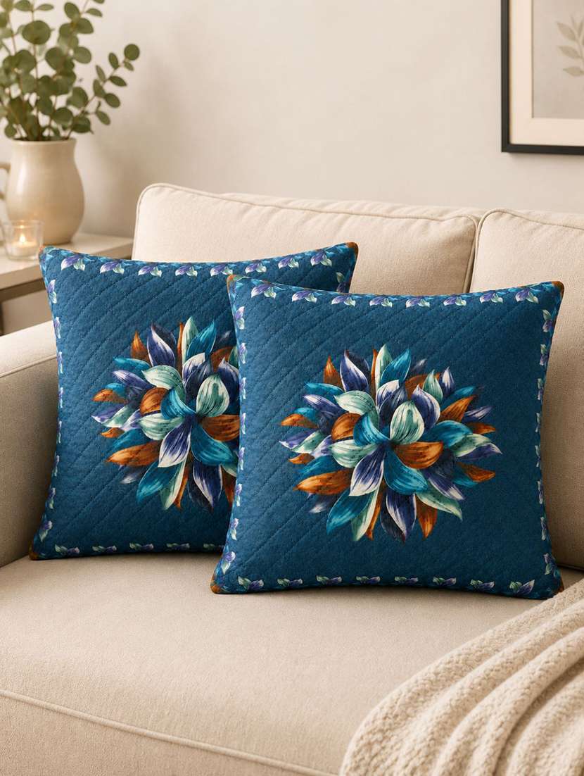 set of 2 teal blue multicolour floral printed square cushion covers