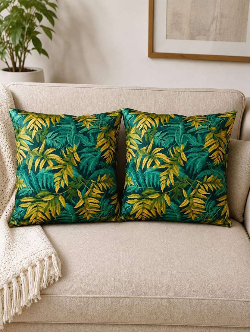 set of 2 emerald green & mustard botanical leaf printed square cushion covers