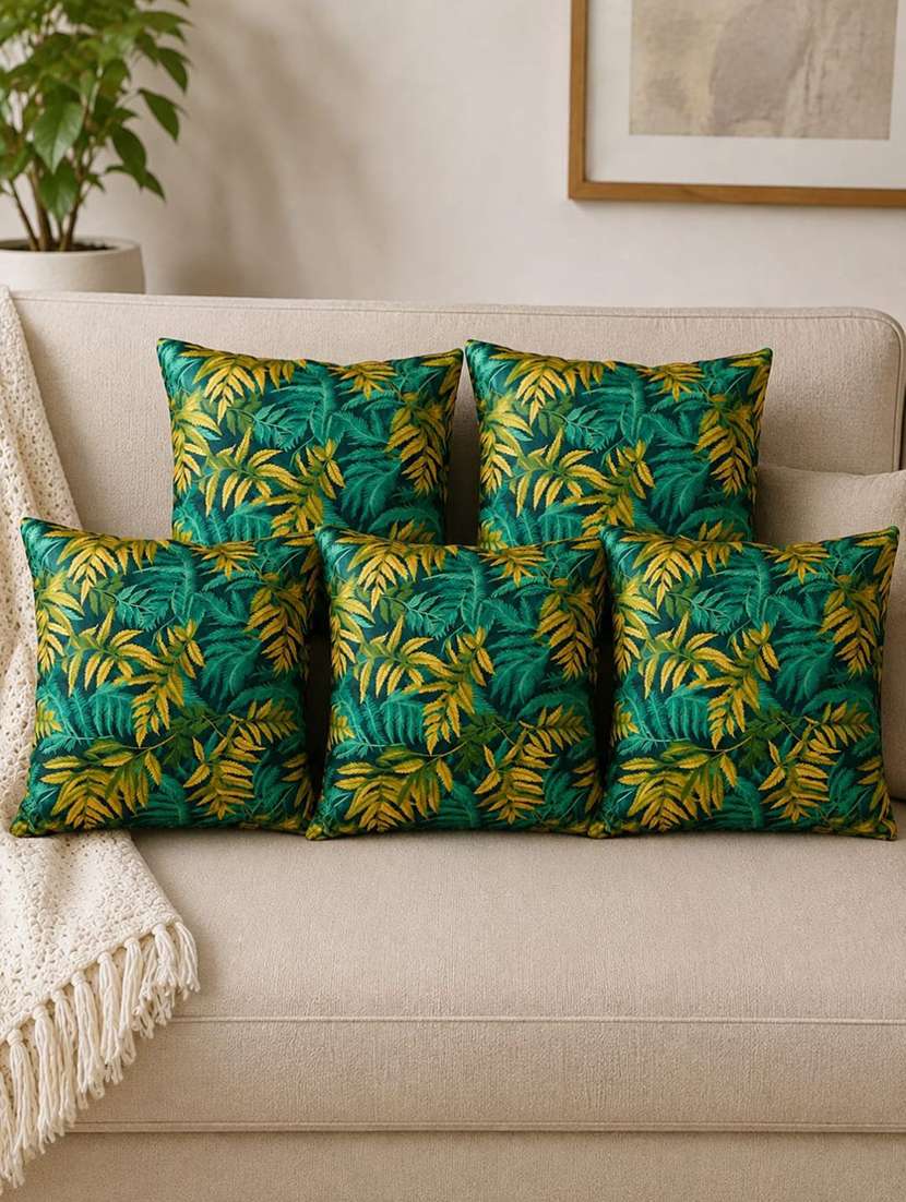 set of 5 emerald green & mustard botanical leaf printed square cushion covers