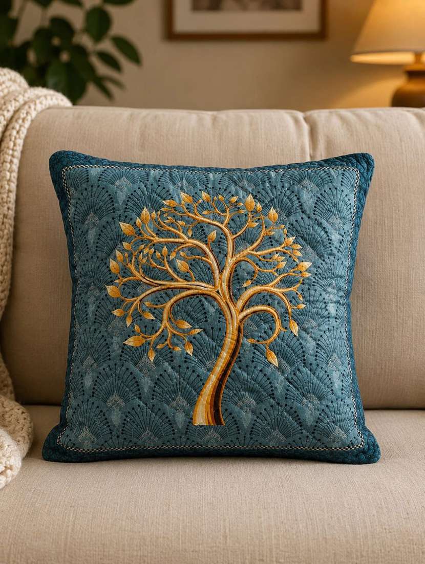 teal blue printed square cushion cover with gold tree motif