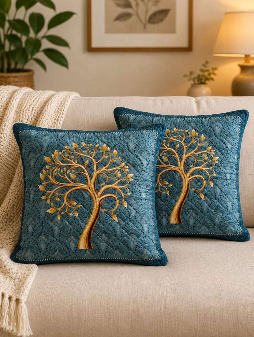 set of 2 teal blue printed square cushion covers with gold tree motif