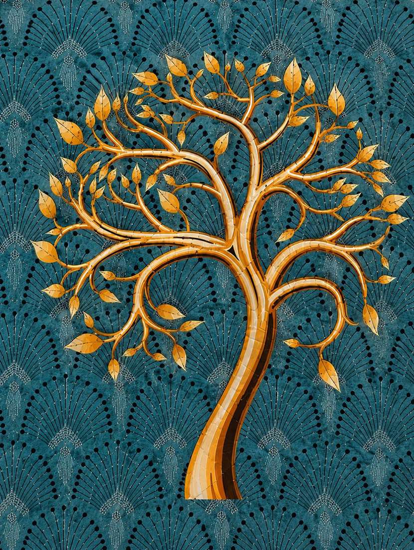 set of 2 teal blue printed square cushion covers with gold tree motif - 22639306 -  Standard Image - 3