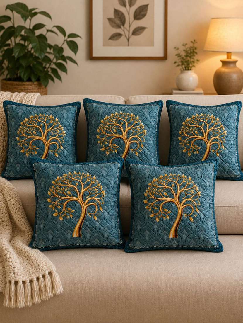 set of 5 teal blue printed square cushion covers with gold tree motif
