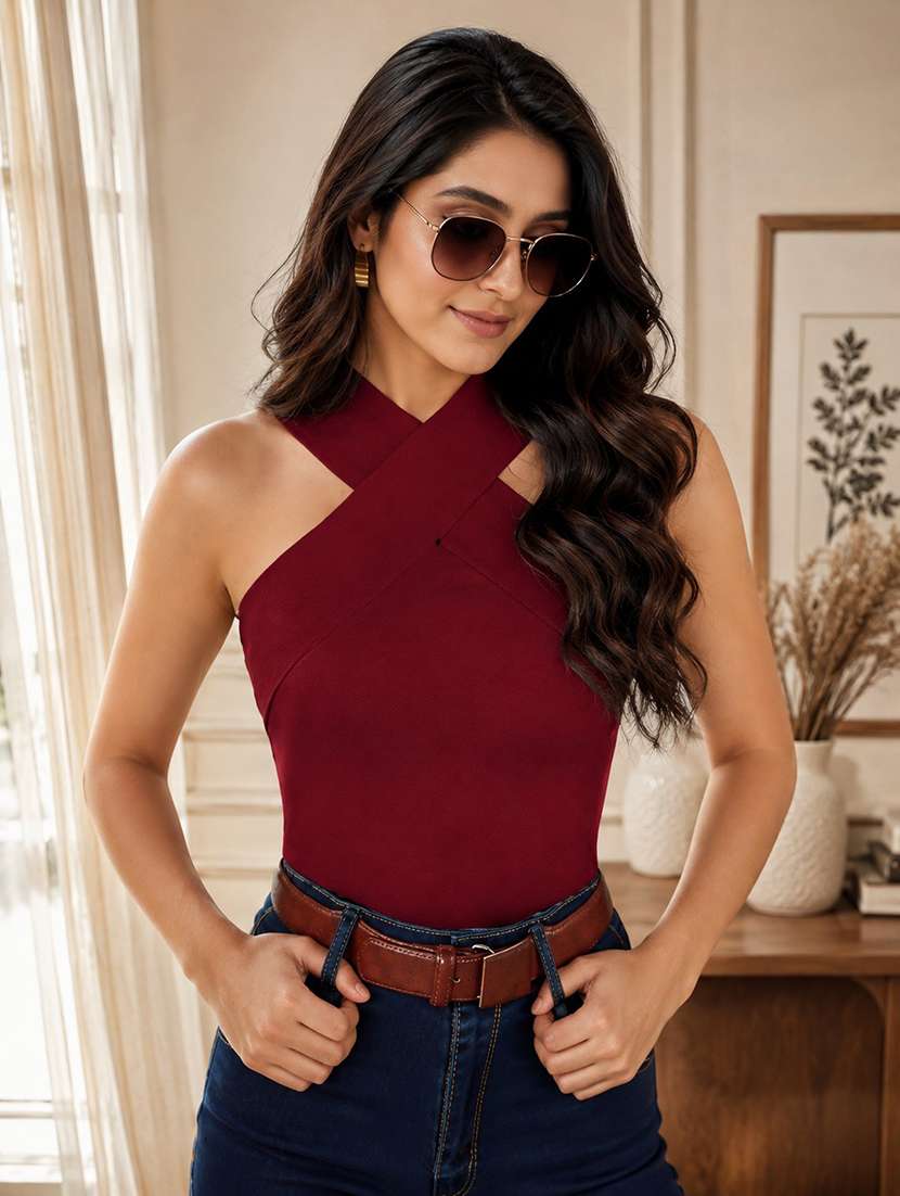women solid halter neck regular top