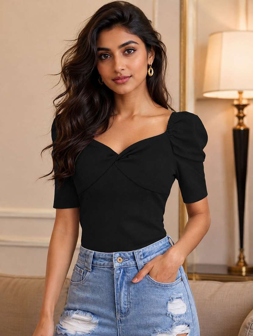 women solid puff sleeves regular top
