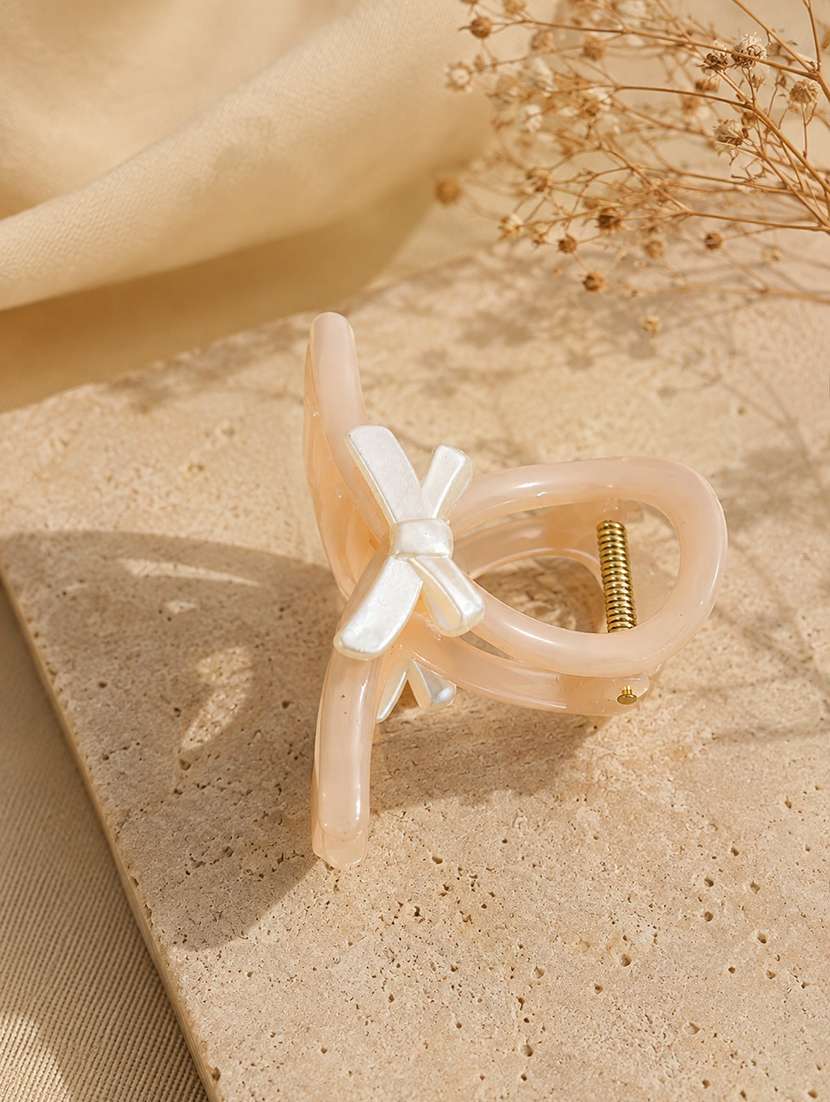 peach glossy bow design hair claw clip for women