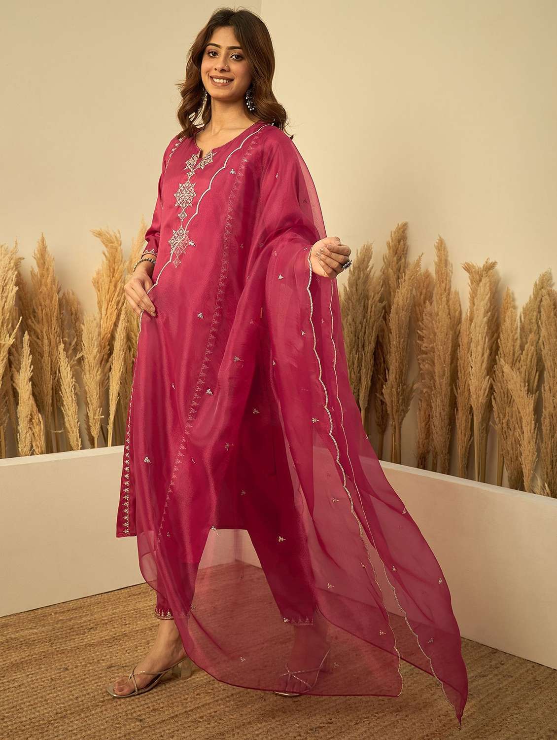 Women Solid With Work Three Quarter Sleeve Kurta Pant With Dupatta Set - 22639734 -  Standard Image - 3