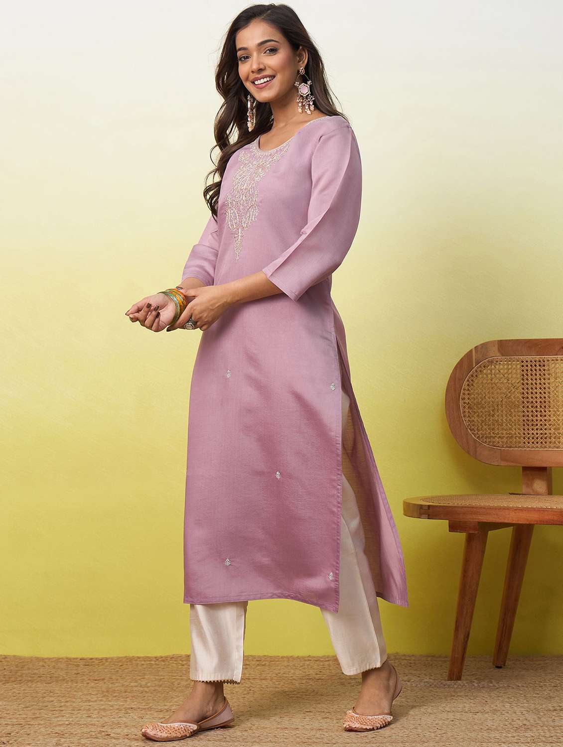 women solid with work three quarter sleeve straight kurta - 22639737 -  Standard Image - 3