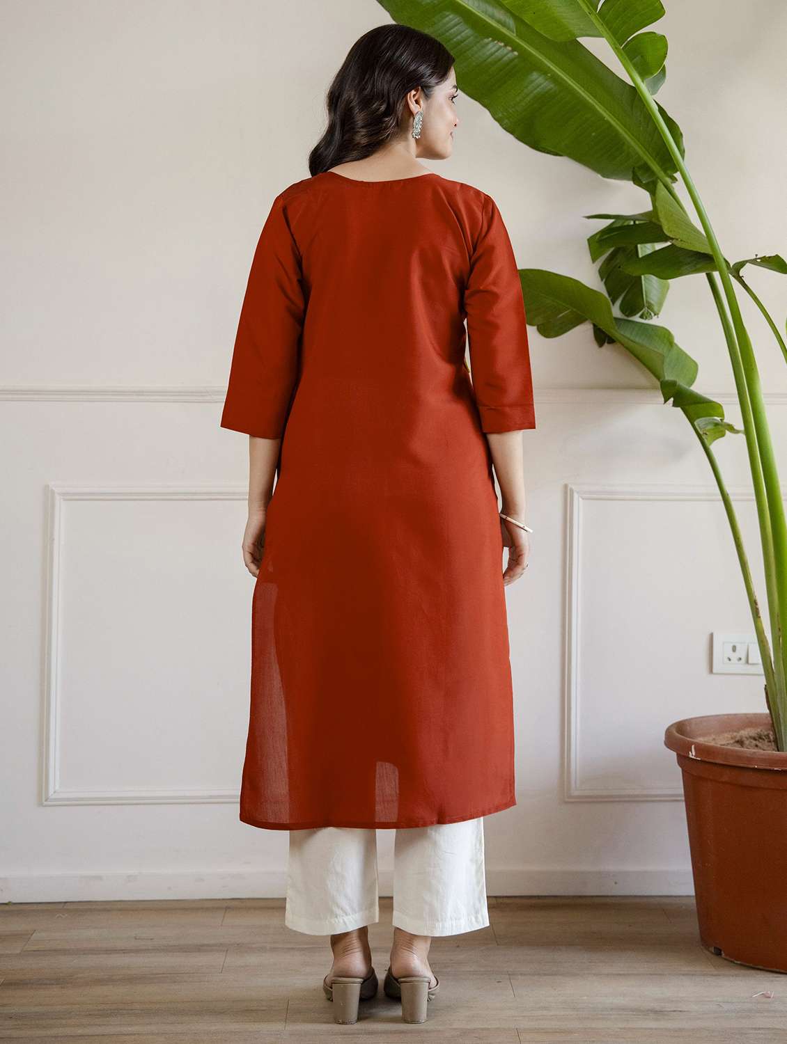 women solid with work three quarter sleeve straight kurta - 22639739 -  Standard Image - 3