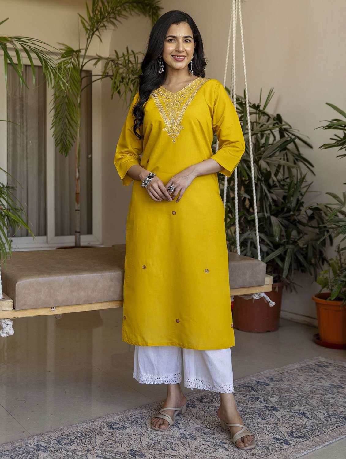 women solid with work three quarter sleeve straight kurta
