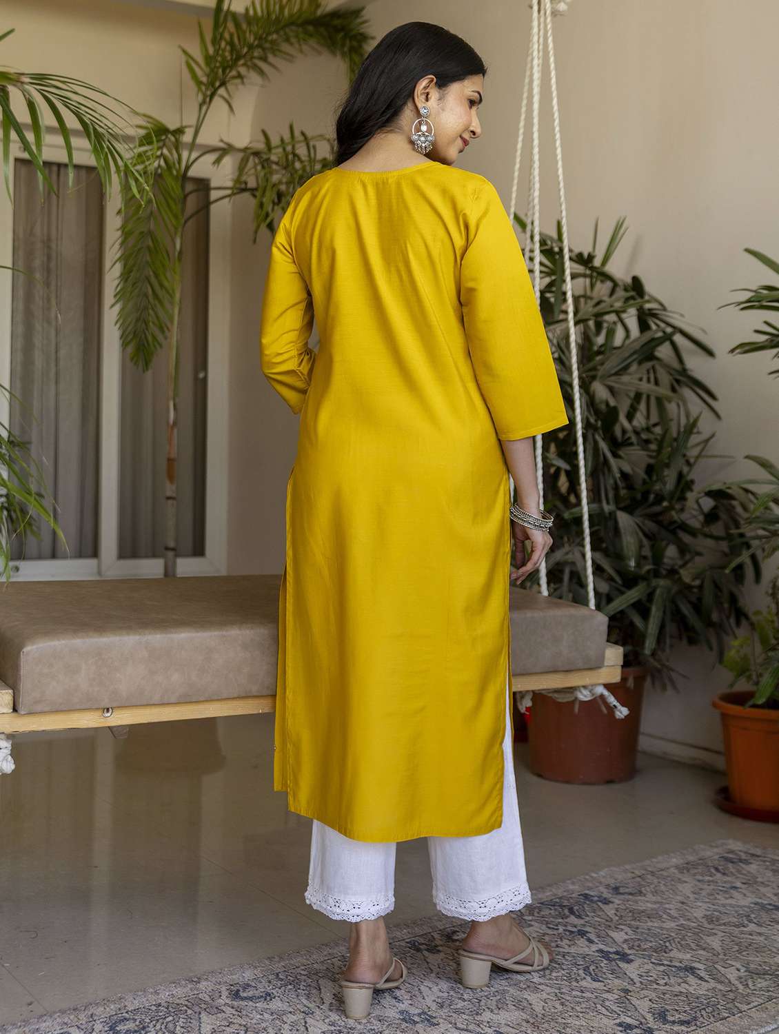 women solid with work three quarter sleeve straight kurta - 22639741 -  Standard Image - 3