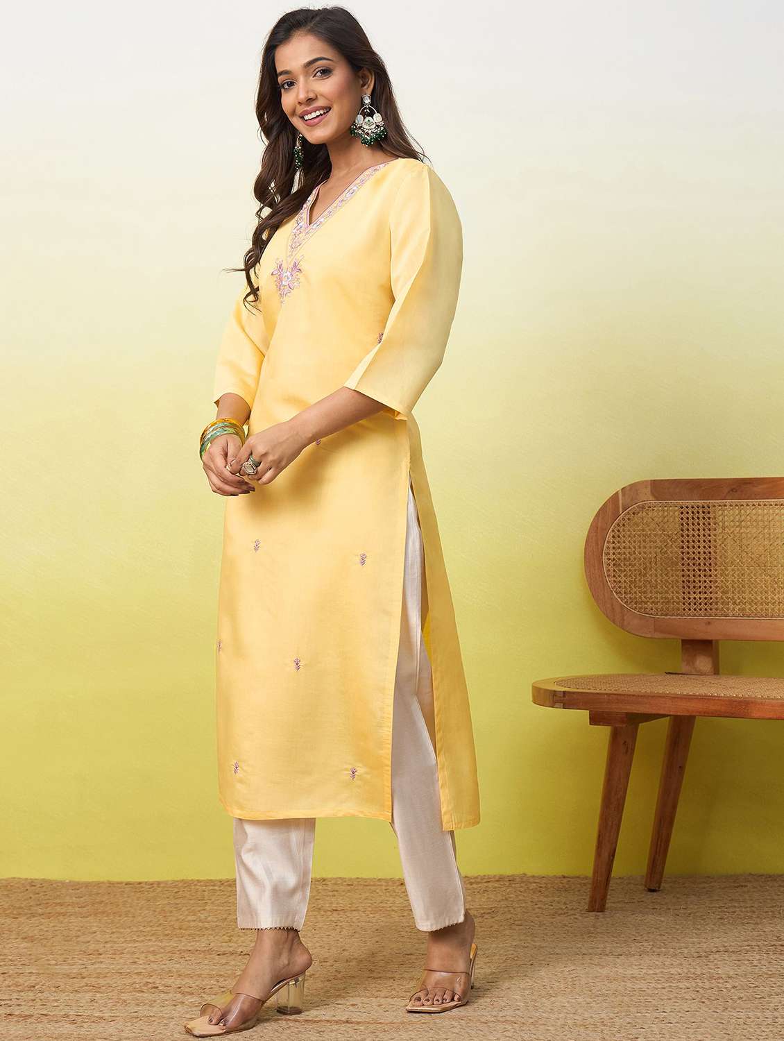women solid with work three quarter sleeve straight kurta - 22639742 -  Standard Image - 3