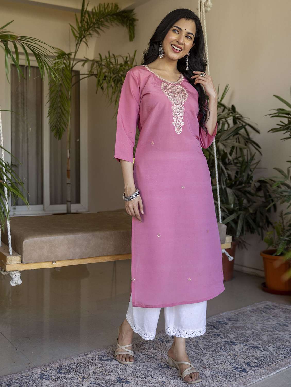 women solid with work three quarter sleeve straight kurta - 22639744 -  Standard Image - 3