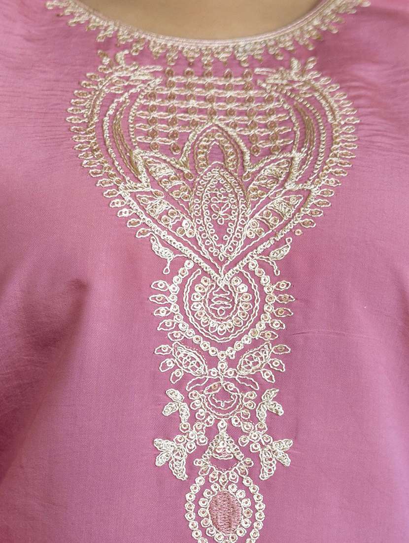women solid with work three quarter sleeve straight kurta - 22639744 -  Standard Image - 5