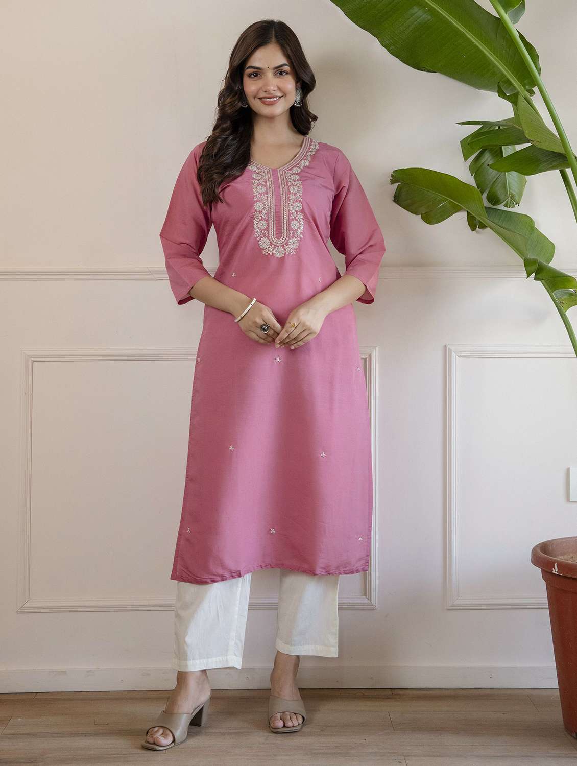 women solid with work three quarter sleeve straight kurta