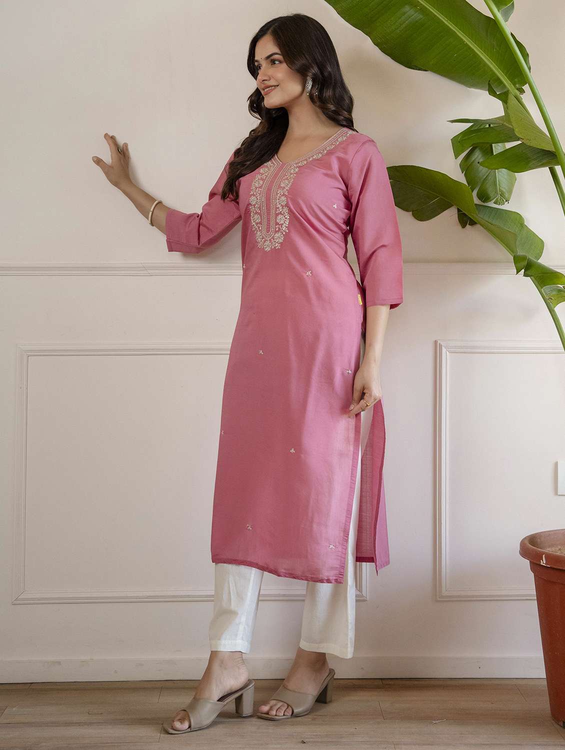 women solid with work three quarter sleeve straight kurta - 22639745 -  Standard Image - 3