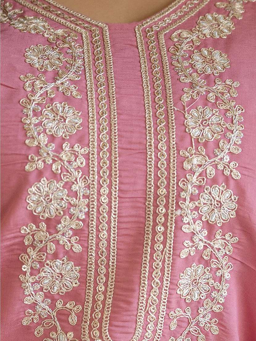 women solid with work three quarter sleeve straight kurta - 22639745 -  Standard Image - 5