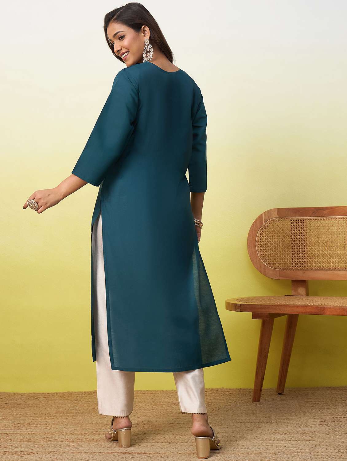 women solid with work three quarter sleeve straight kurta - 22639746 -  Standard Image - 3