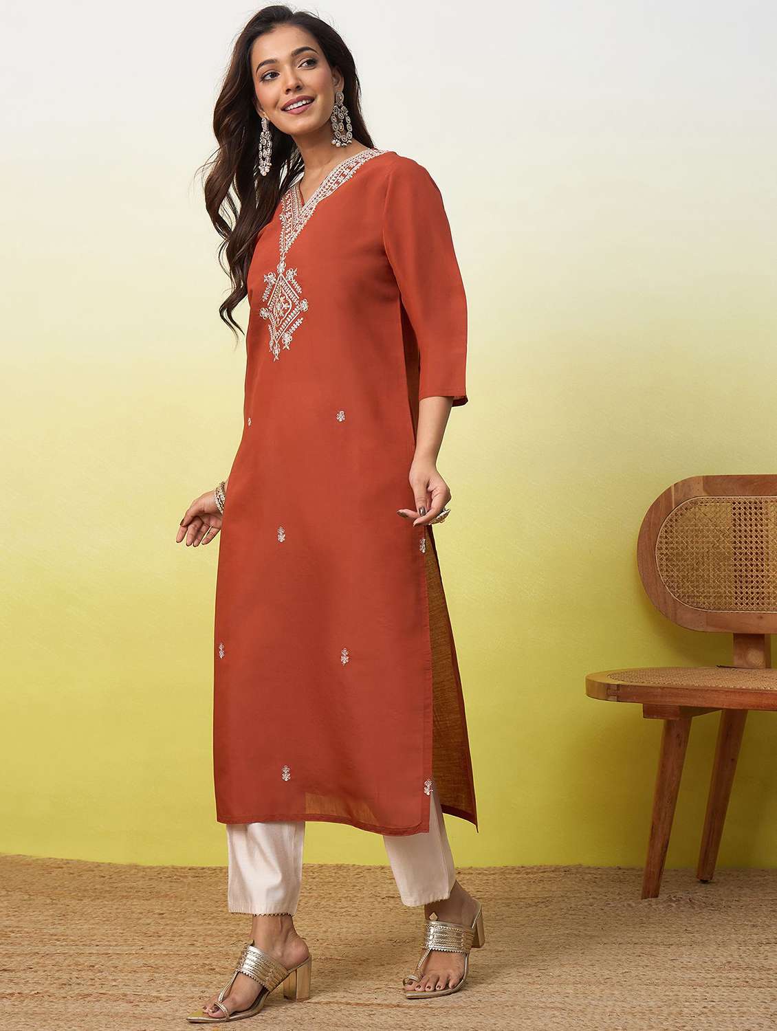 women solid with work three quarter sleeve straight kurta - 22639747 -  Standard Image - 3