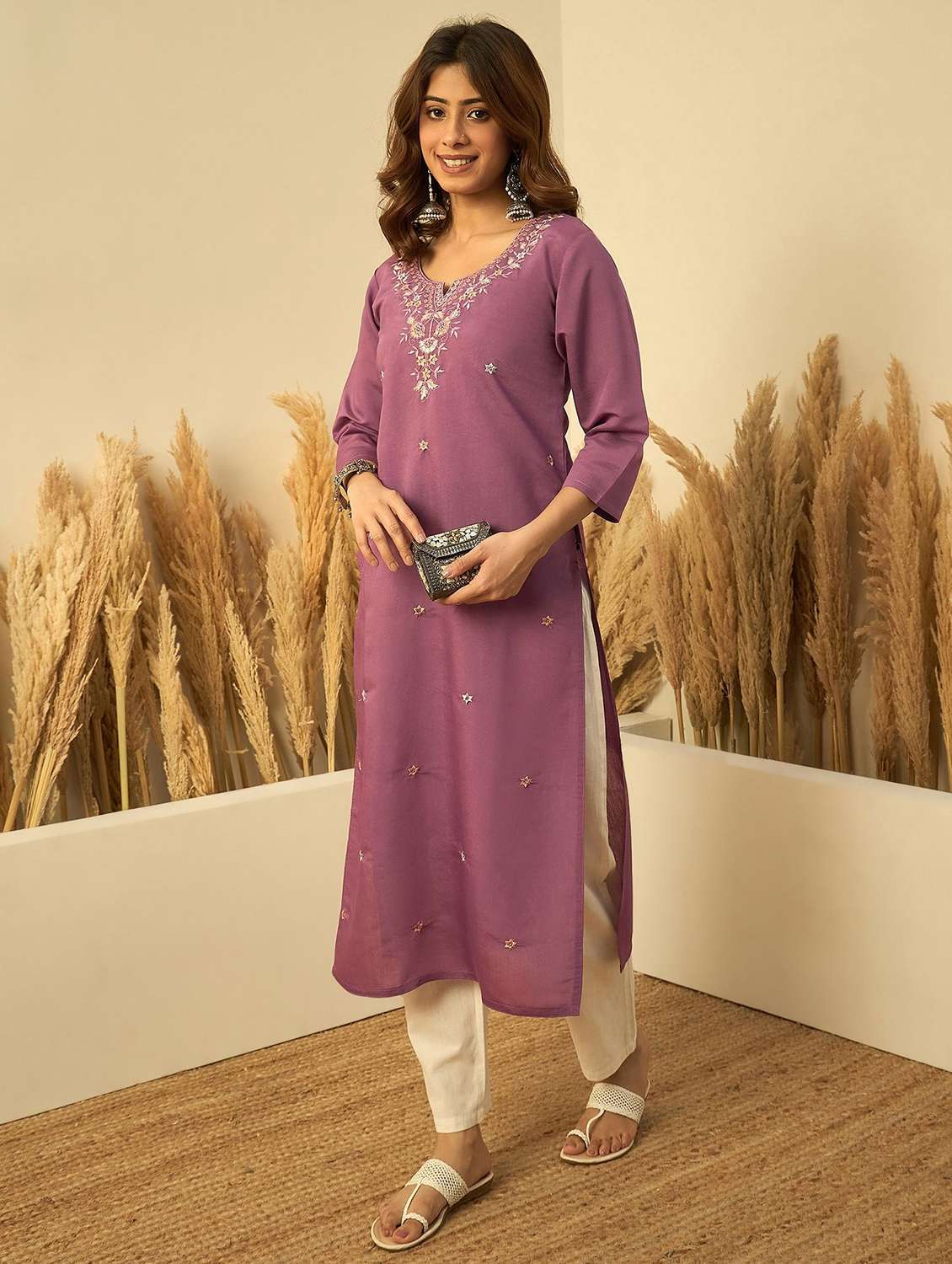 women solid with work three quarter sleeve straight kurta - 22639750 -  Standard Image - 3