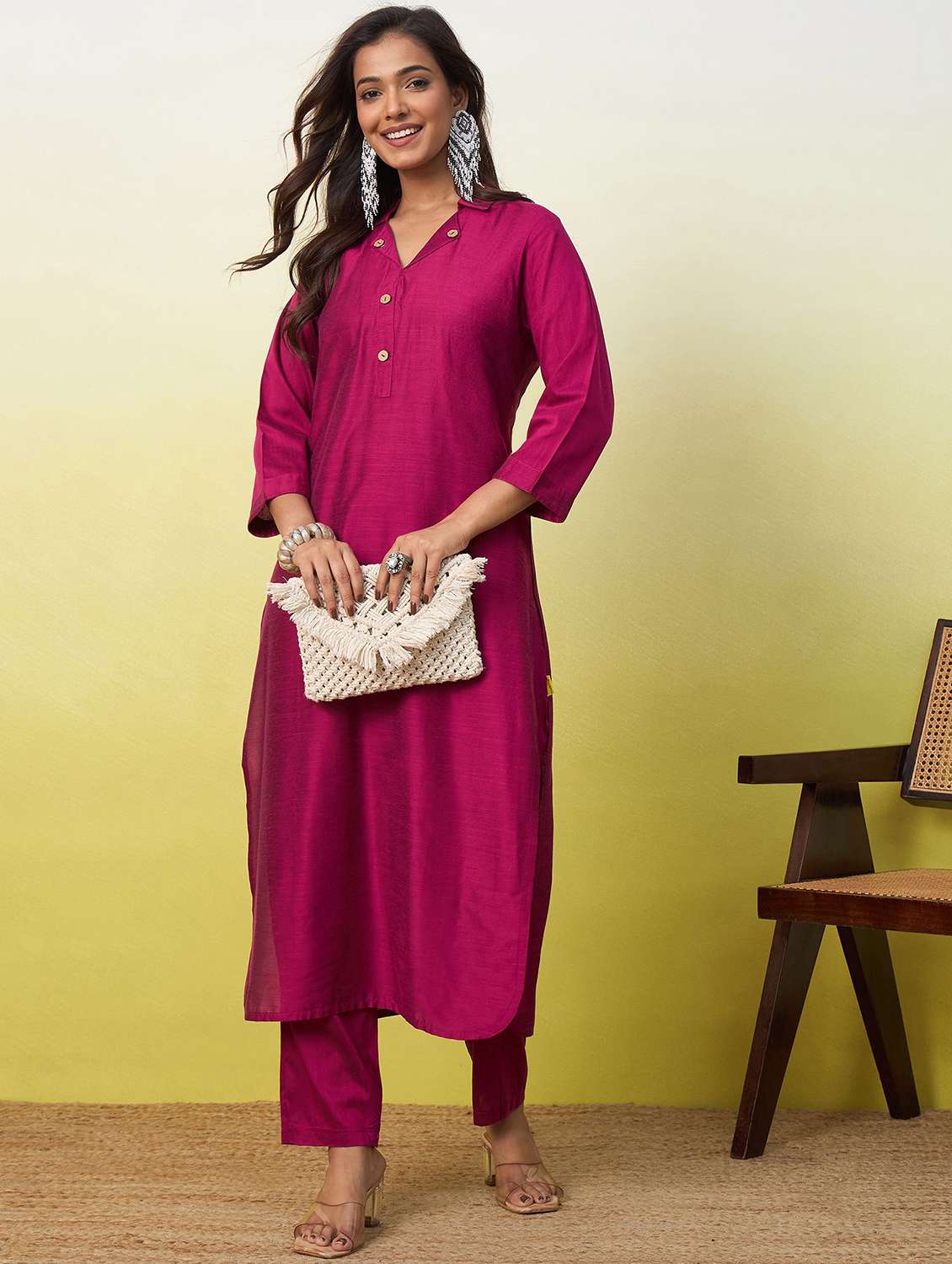 women solid three quarter sleeve kurta pant set