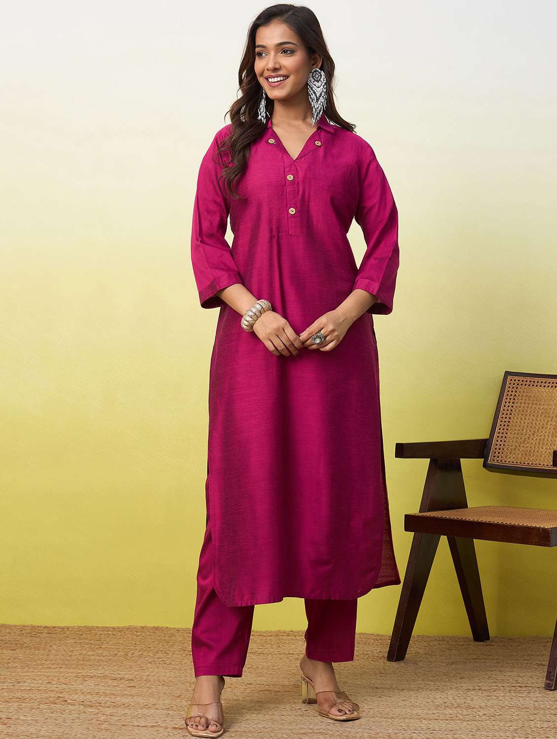 women solid three quarter sleeve kurta pant set - 22639754 -  Standard Image - 3