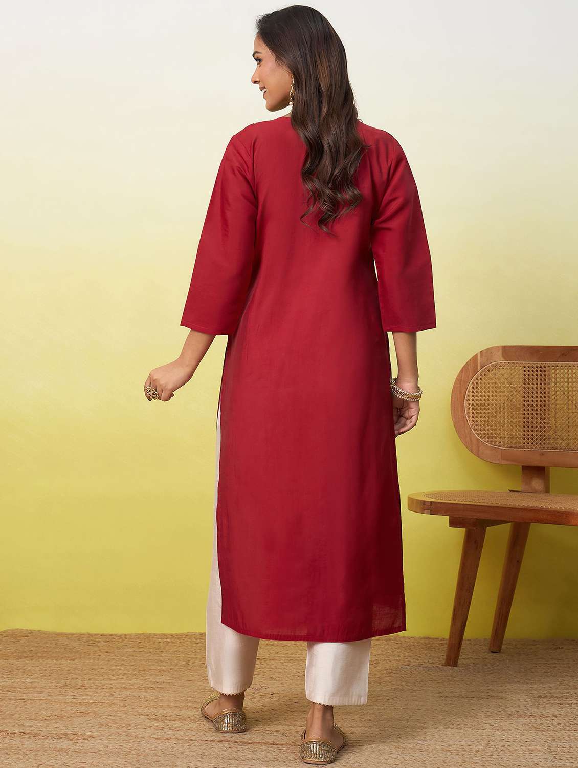 women solid with work three quarter sleeve straight kurta - 22639759 -  Standard Image - 3