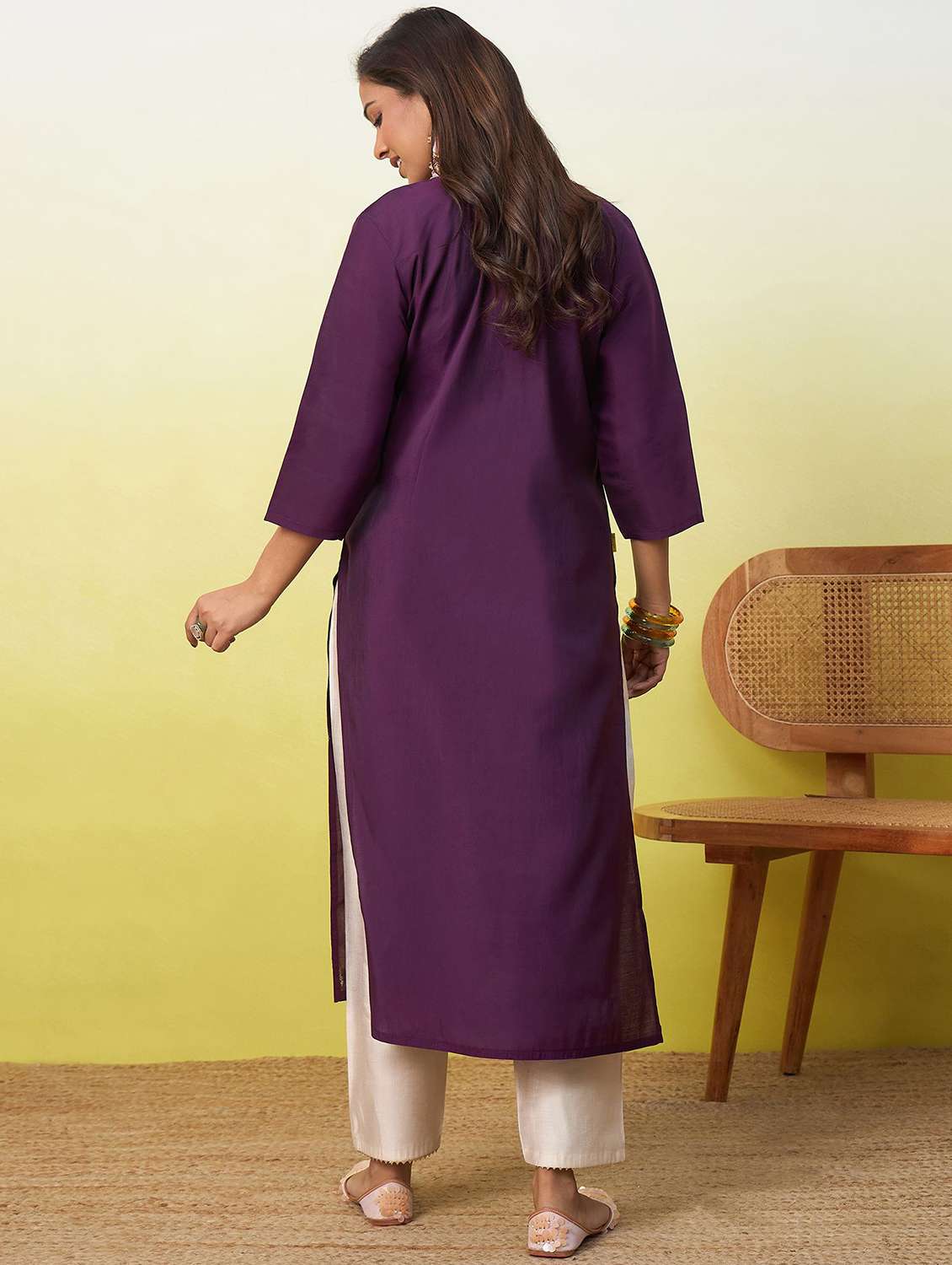 women solid with work three quarter sleeve straight kurta - 22639760 -  Standard Image - 3