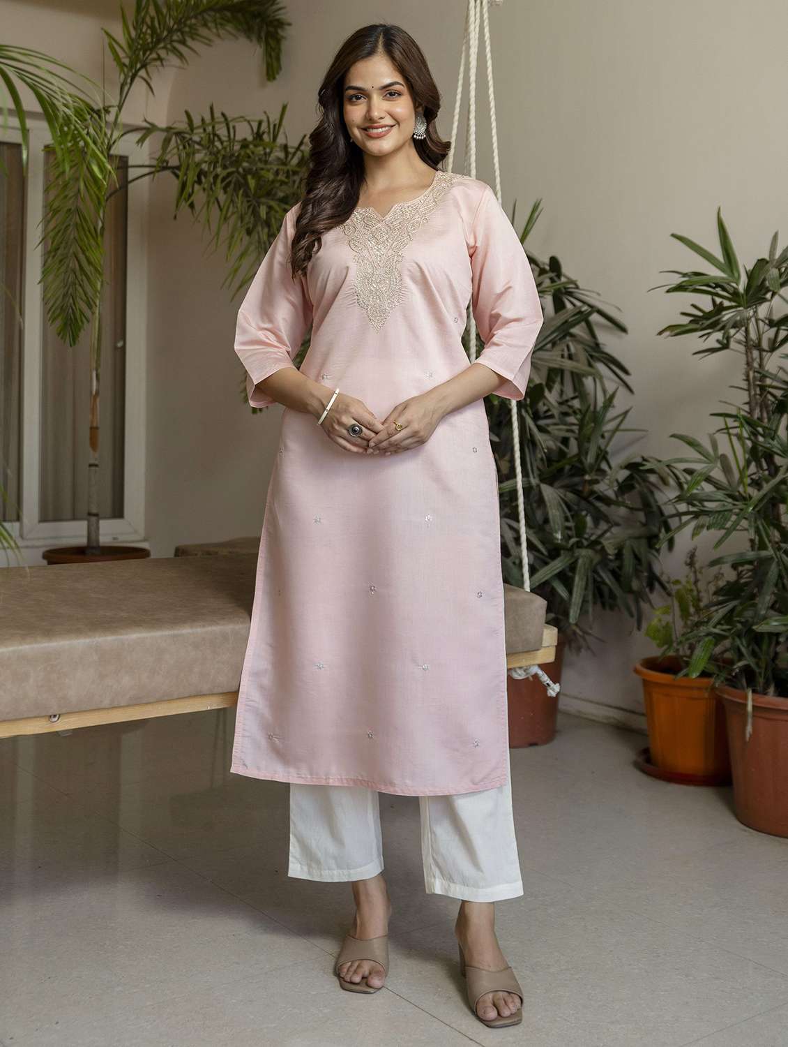 women solid with work three quarter sleeve straight kurta