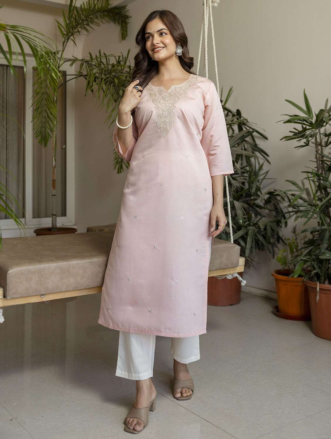 women solid with work three quarter sleeve straight kurta - 22639762 -  Standard Image - 3