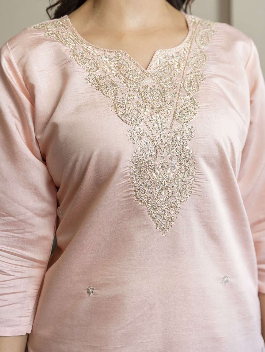 women solid with work three quarter sleeve straight kurta - 22639762 -  Standard Image - 5