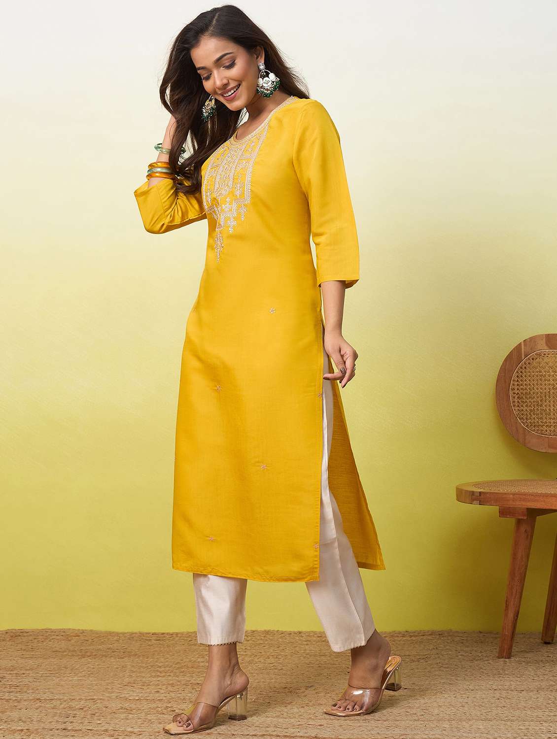 women solid with work three quarter sleeve straight kurta - 22639764 -  Standard Image - 3