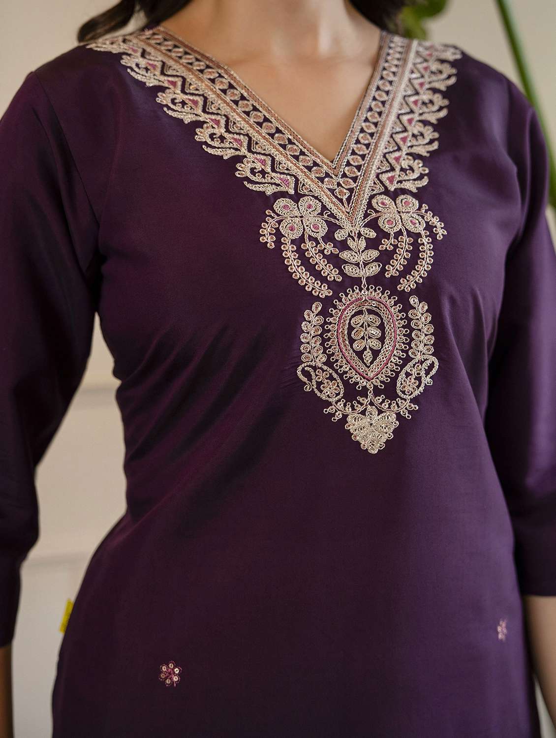 women solid with work three quarter sleeve straight kurta - 22639765 -  Standard Image - 5