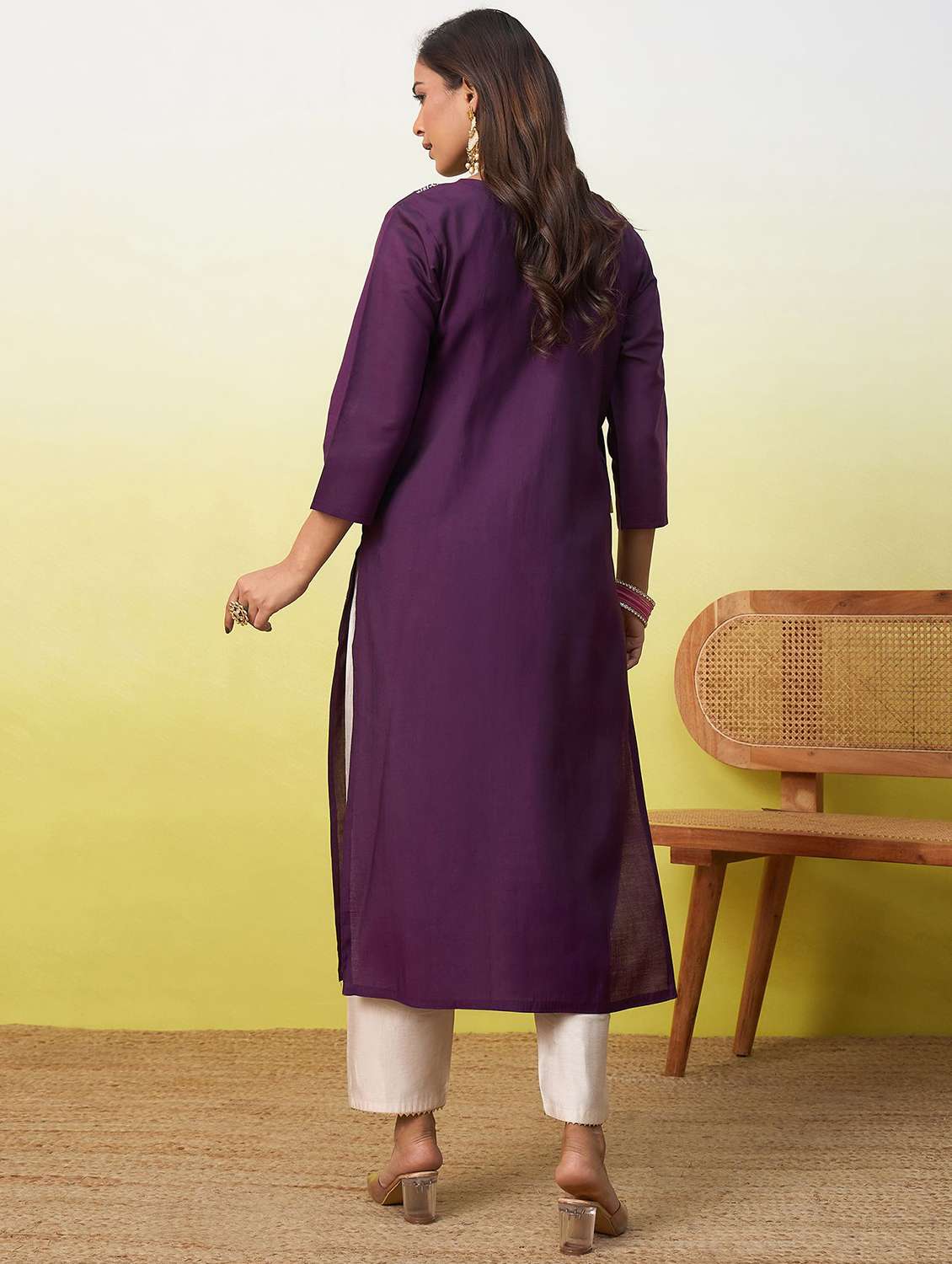 women solid with work three quarter sleeve straight kurta - 22639768 -  Standard Image - 3