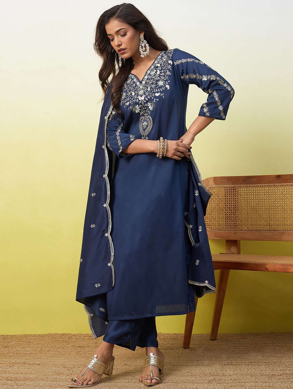 Women Embroidered Three Quarter Sleeves Kurta Pant Set With Dupatta - 22639793 -  Standard Image - 3