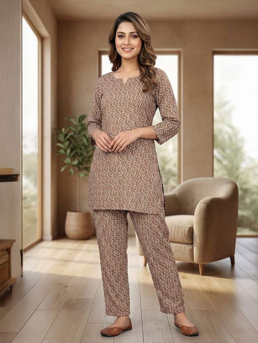 women printed three quarter sleeves ethnic co-ord set